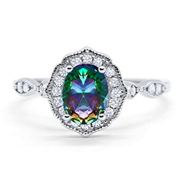 Antique Style Wedding Ring Oval Simulated Rainbow CZ 925 Sterling Silver